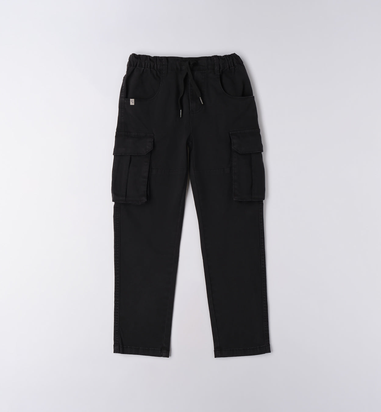 Pantaloni cargo neri ragazzo con tasche laterali e vita elasticizzata per comfort e stile