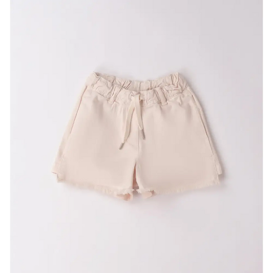 Pantaloni corti tinta unita bambina Sarabanda beige con cintura a coulisse e orlo sfilacciato