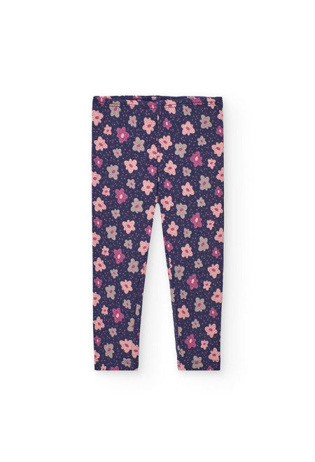 Pantaloni leggings floreali per bambine Boboli con stampa a fiori rosa e viola su sfondo blu