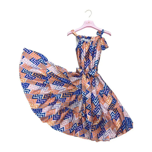 abito fantasia bambina Paris Hilton in tessuto leggero con stampa zigzag arancio e blu spalline annodate e gonna ampia