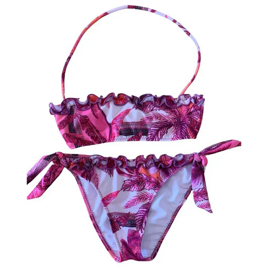 bikini ragazza Paris Hilton stampa tropicale rosa con top a fascia arricciato e slip a laccetti