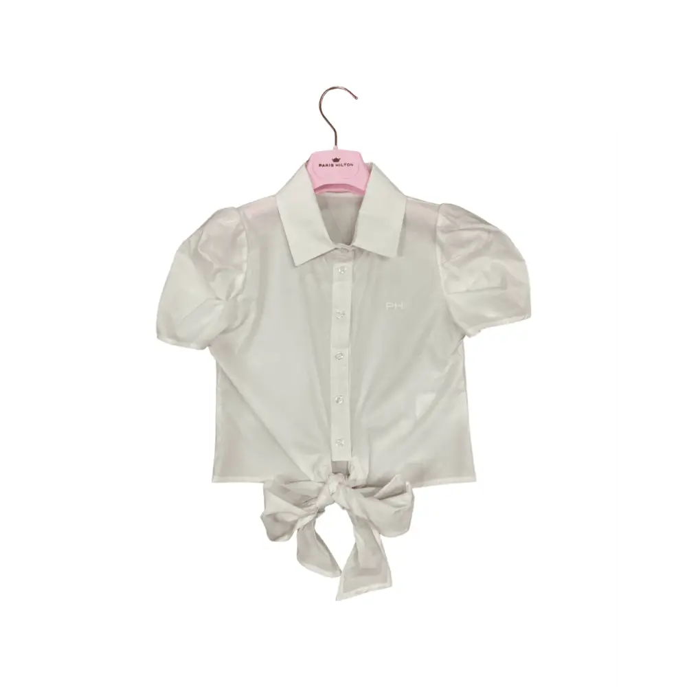 camicia nodo ragazza Paris Hilton bianca in cotone con colletto maniche a sbuffo e fiocco frontale elegante