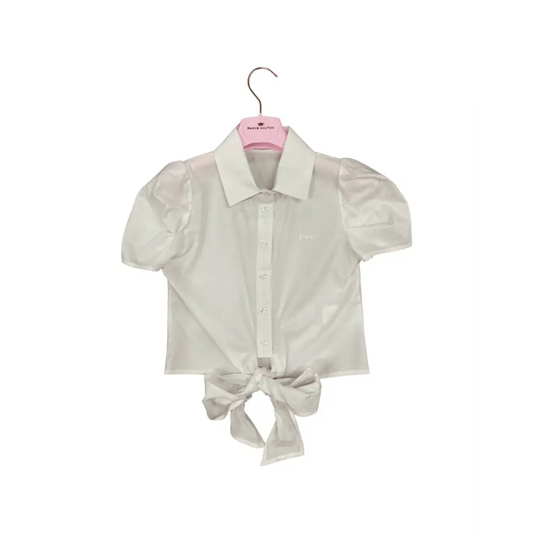 camicia nodo ragazza Paris Hilton bianca in cotone con colletto maniche a sbuffo e fiocco frontale elegante