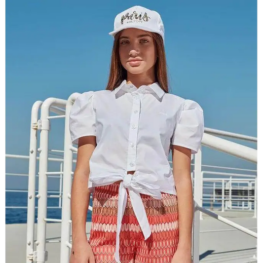 Camicia bianca collo a polo maniche corte a sbuffo con nodo frontale camicia nodo ragazza Paris Hilton stile estivo