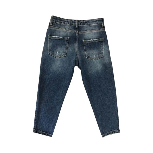 Pantalone Paris Hilton jeans baggy strappati ragazza denim donna vista posteriore con tasche sbiadito e strappi leggeri