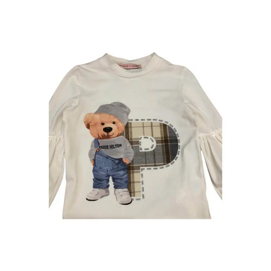 maglietta orso bambina Paris Hilton bianca maniche lunghe con orsetto con cappuccio e stampa P scozzese