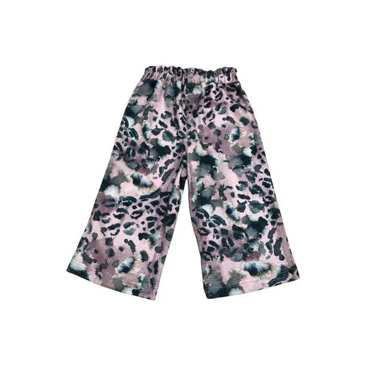 pantalone maculato bambina Paris Hilton largo cropped vita elasticizzata stampa leopardo rosa e nero