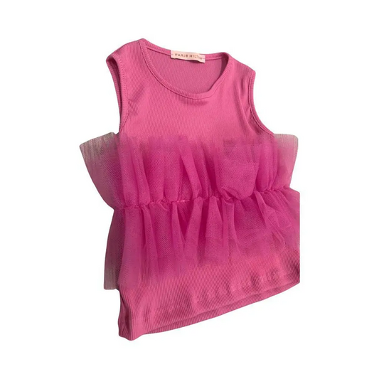 Top corto Fuxia per ragazza. Top senza maniche Paris Hilton in maglia a coste con balze di tulle ideale per feste estive