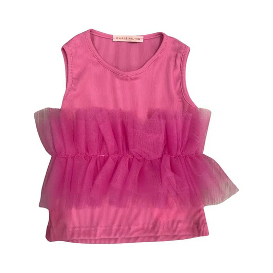 Top corto Fuxia per ragazza Paris Hilton senza maniche in maglia a coste con volant in tulle intorno alla vita