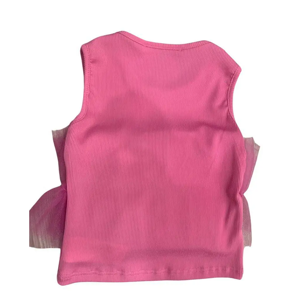 Top corto Fuxia per ragazza in tessuto a costine con dettagli in tulle laterali firmato Paris Hilton