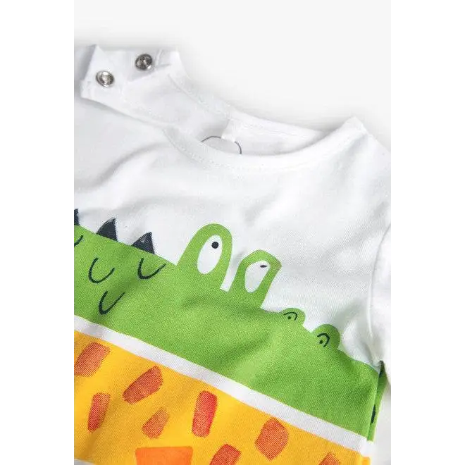 Boboli tutina corta colorata bambino con stampa coccodrillo verde e fascia gialla a macchie arancioni
