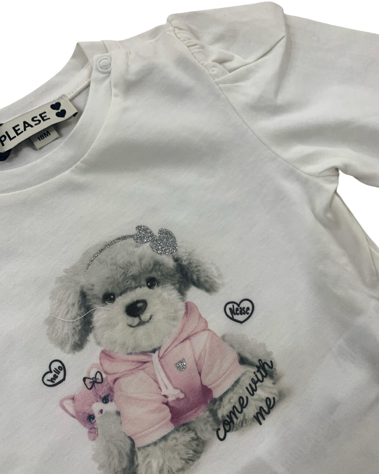 Maglietta a maniche lunghe per bambina bianca con Cane e stampa orsetto e gatto rosa