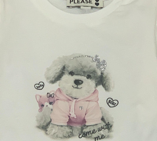 Maglietta a maniche lunghe per bambina bianca con Cane e stampa cucciolo vestito di rosa