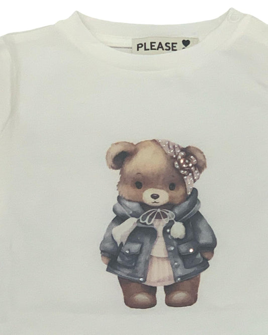 Maglietta bianca girocollo bambina con stampa orso e brillantini. In cotone morbido con stampa orsetto e dettagli scintillanti