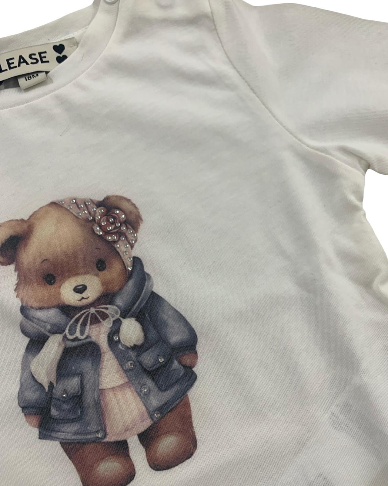 Maglietta bianca girocollo bambina con stampa orso e brillantini elegante e confortevole