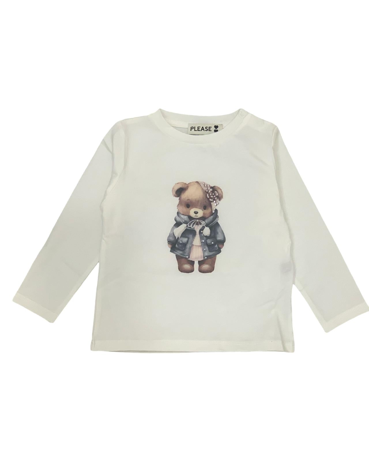Maglietta bianca girocollo bambina con stampa orso e brillantini manica lunga Please