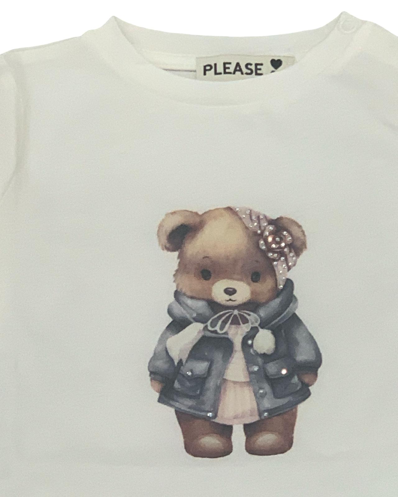 Maglietta bianca girocollo bambina con stampa orso e brillantini di Please