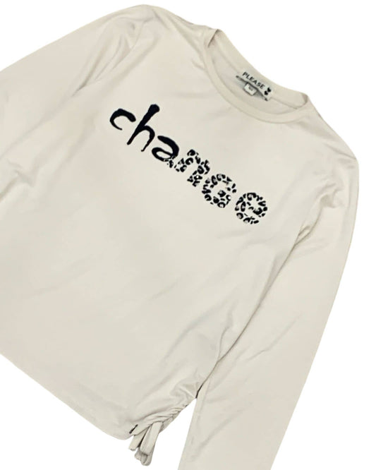 Maglietta ragazza Please ecru con stampa leopardata e dettaglio a cordino