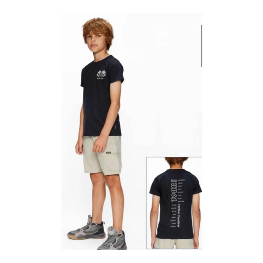 Maglietta nera per bambino Retour con stampa frontale e retro, modello casual con maniche corte