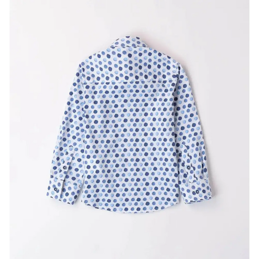 camicia a pois bambino Sarabanda manica lunga bianca con pois blu vista retro in cotone