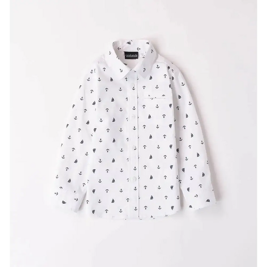 camicia bambino fantasia Sarabanda bianca maniche lunghe con stampe marinare ancore e vele