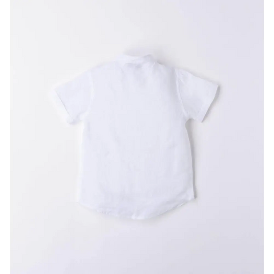 camicia lino bambino Sarabanda bianca maniche corte in lino leggero vista retro su sfondo bianco