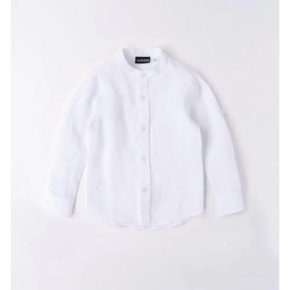 Camicia bianca in lino con colletto alla coreana e bottoni frontali, camicia lino bambino Sarabanda elegante e traspirante