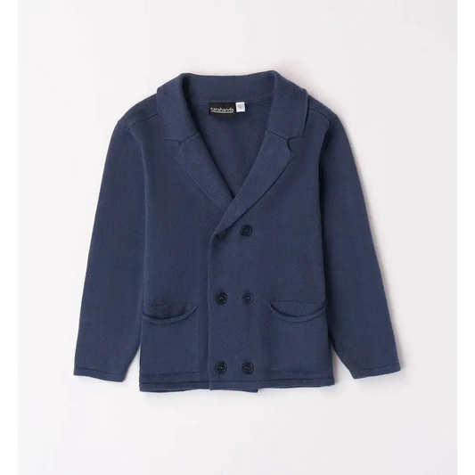 cardigan bambino Sarabanda blu navy doppio petto in maglia con collo sciallato e due tasche