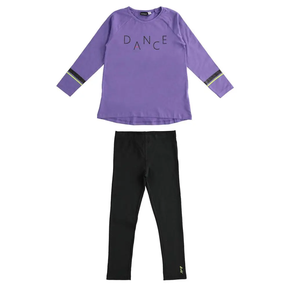 completo sportivo ragazza Sarabanda maglia lilla manica lunga con scritta DANCE e leggings neri elasticizzati