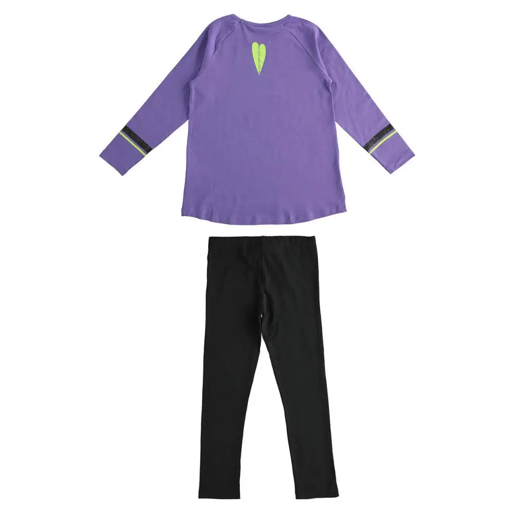completo sportivo ragazza Sarabanda top viola maniche lunghe con dettaglio cuore verde lime e stripe leggings neri