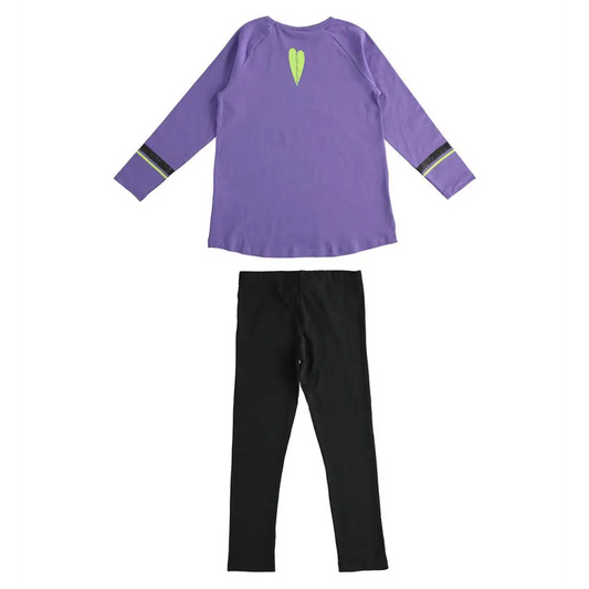 completo sportivo ragazza Sarabanda top viola maniche lunghe con dettaglio cuore verde lime e stripe leggings neri