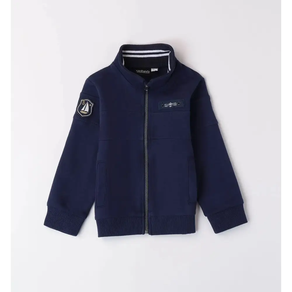 felpa blu bambino Sarabanda con zip centrale collo alto tasche frontali polsini a costine