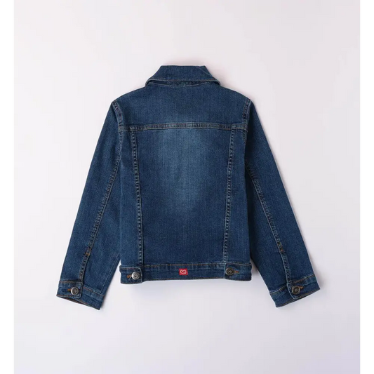 giubbino jeans ragazzo Sarabanda vista posteriore in denim blu scuro con collo classico e bottoni