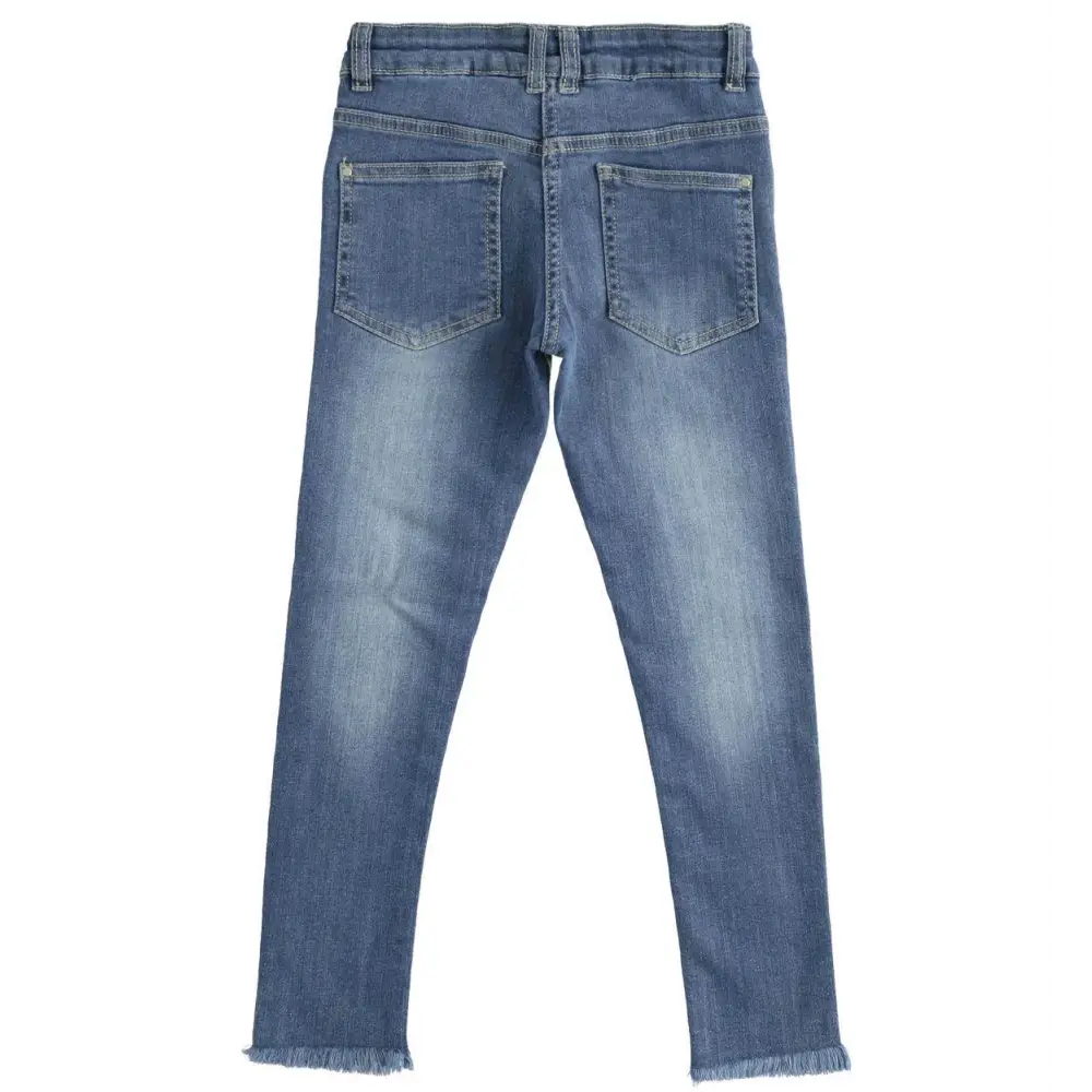 Retro pantalone in jeans bambina denim Sarabanda blu washed skinny con tasche posteriori e fondo sfrangiato