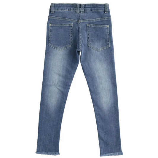 Retro pantalone in jeans bambina denim Sarabanda blu washed skinny con tasche posteriori e fondo sfrangiato