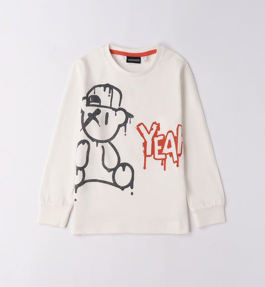 maglietta bambino maniche lunghe graffiti Sarabanda bianca con stampa orso graffiti nera e scritta YEAH rossa