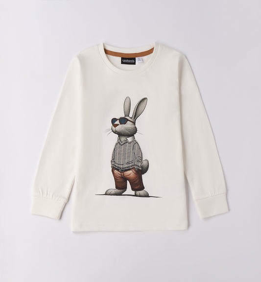 Maglietta bianca maniche lunghe bambino Sarabanda con stampa grande coniglio con occhiali da sole e collo rotondo