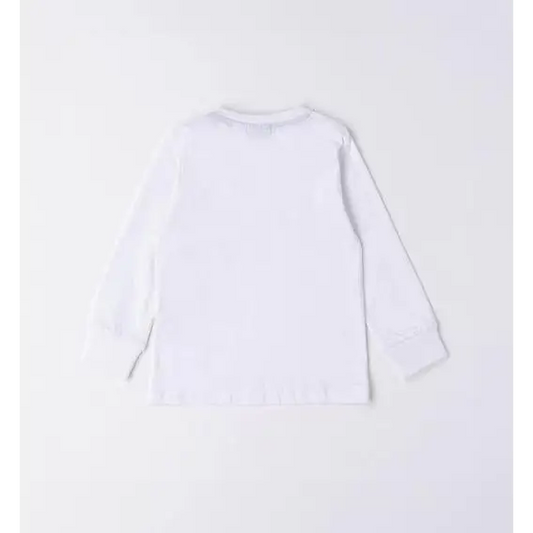 maglietta cotone bambino Sarabanda bianca maniche lunghe girocollo vista posteriore stesa su sfondo chiaro