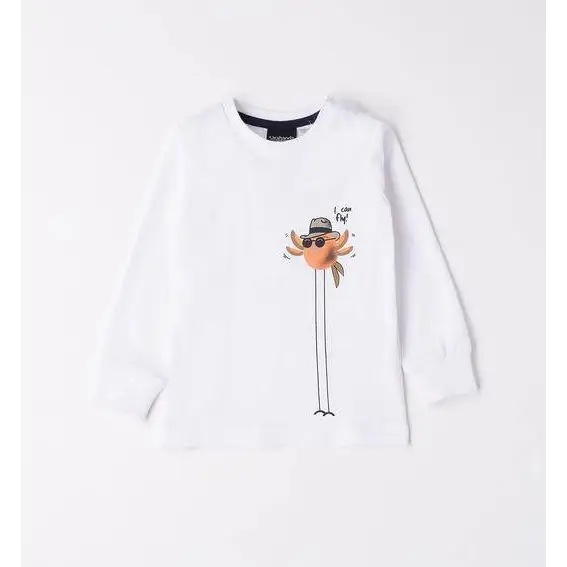 maglietta cotone bambino Sarabanda bianca a manica lunga con stampa uccellino cartoon con occhiali e cappello
