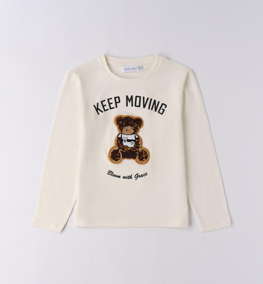 Maglietta ragazza Sarabanda con stampa orso e scritta Keep Moving in colore crema