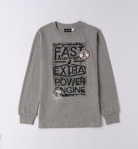 Maglietta Sarabanda ragazzo in grigio con stampa grafica e maniche lunghe