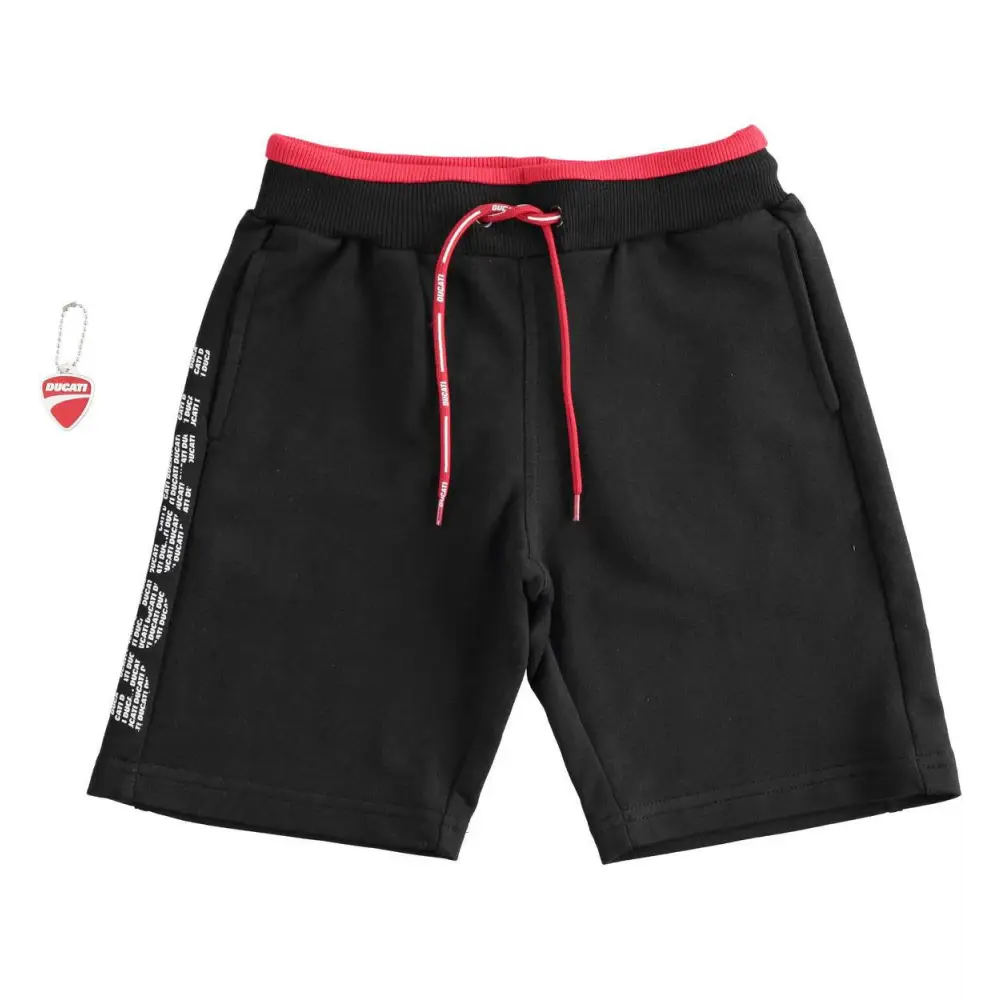 pantaloncini bambino Ducati Sarabanda in cotone nero con banda laterale logo Ducati e coulisse rossa