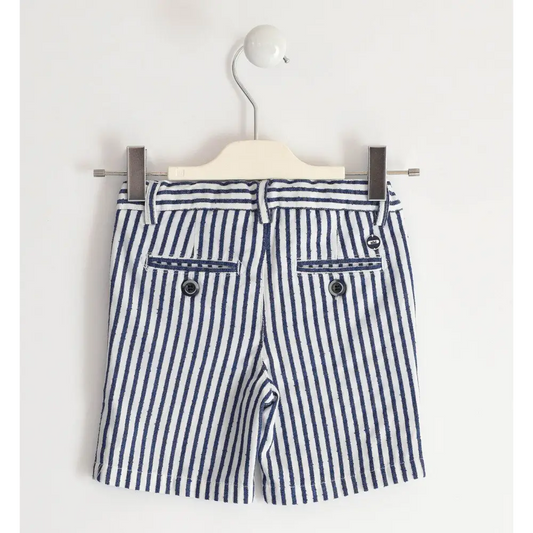 Retro pantaloncini corti bimbo Sarabanda a righe blu e bianche con tasche posteriori e passanti per cintura