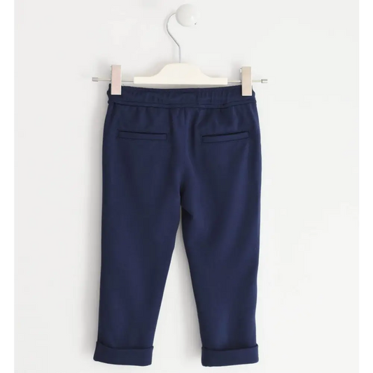 pantaloni bambino navy Sarabanda in cotone elasticizzato con risvolto e tasche finte per look casual