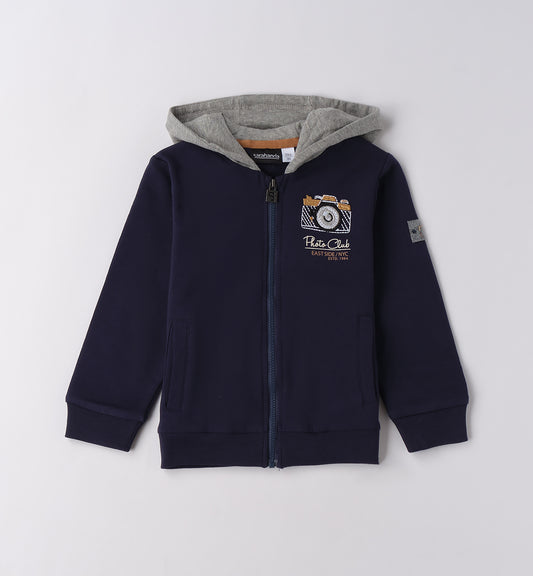 Sarabanda felpa con cappuccio bambino blu navy con zip tasche e interno cappuccio grigio ricamo macchina fotografica