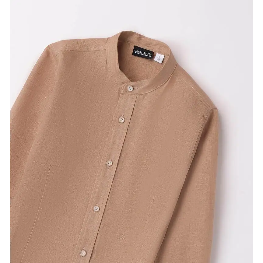 camicia coreana elegante ragazzo Sarabanda beige in lino leggero con collo alla coreana e bottoni