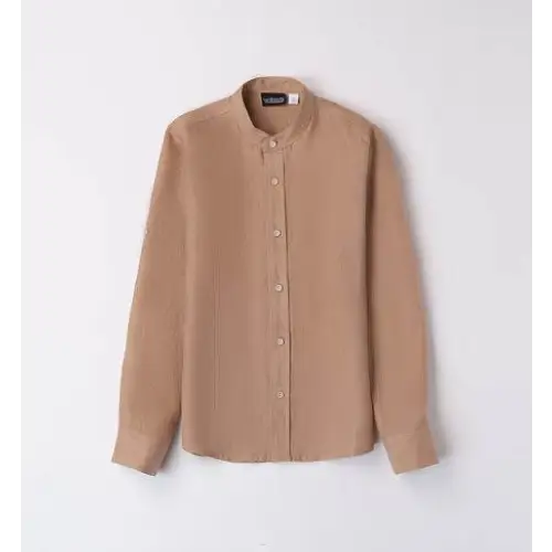 camicia coreana elegante ragazzo Sarabanda beige in tessuto leggero a manica lunga con collo coreano e bottoni