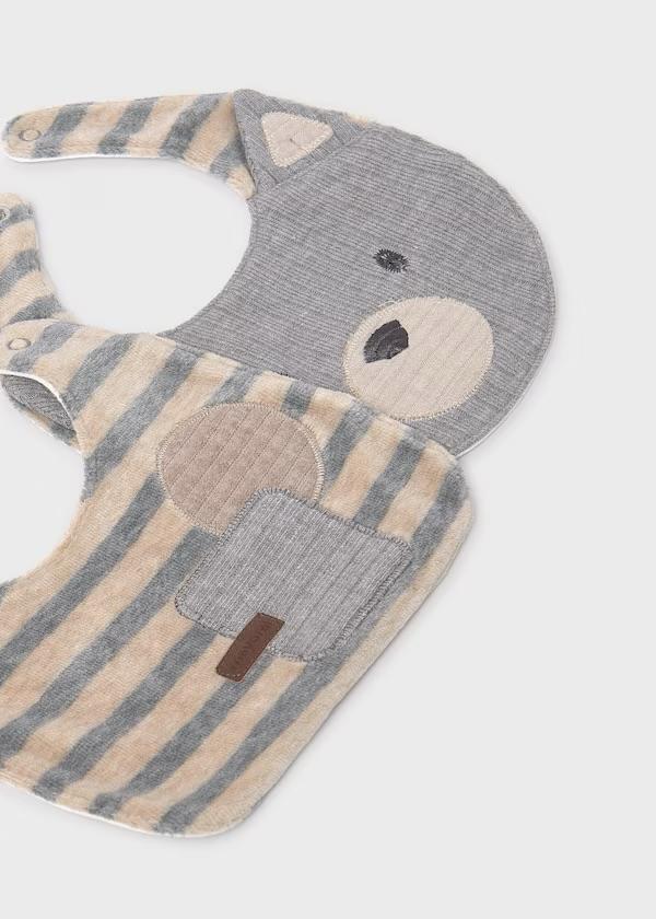 Set 2 bavaglini applicazioni impermeabili neonato con design orsetto e righe grigie e beige