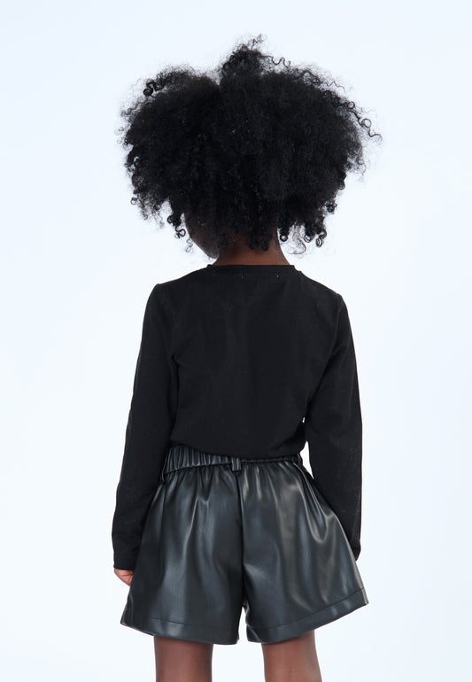 Shorts Bambina in Ecopelle Nera – Loose Fit con Tasche e Passanti