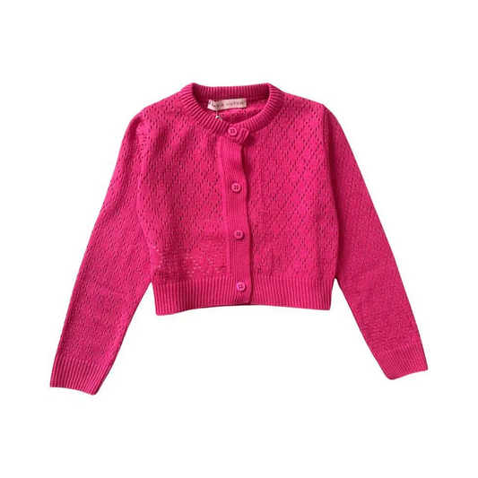 cardigan corto bambina 3-7 anni Paris Hilton in maglia rosa fucsia con bottoni e motivo traforato